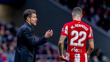 Simeone y Hermoso dialogan durante un partido del Atlético.