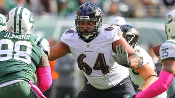 23 OCT 2016: Baltimore Ravens offensive guard John Urschel (64) during the game between the New York Jets and the Baltimore Ravens played at Met Life Stadium in East Rutherford,NJ. (Rich Graessle/Icon Sportswire via Getty Images)