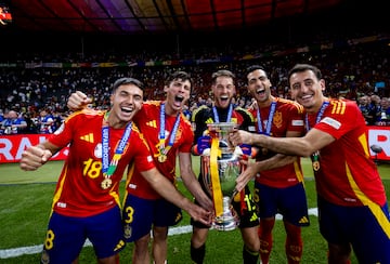 Los jugaodres de la Real Sociedad, Martín Zubimendi, Robin Le Normand, Álex Remiro, Mikel Merino y Mikel Oyarzabal, posan con el trofeo de la Eurocopa.