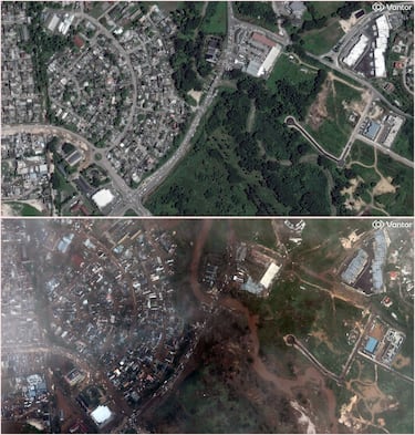 Imagen compuesta que muestra una imagen satelital del río Barnett a lo largo de la bahía de Montego antes de que el huracán Melissa tocara tierra en Jamaica, el 24 de septiembre de 2025 (arriba), y una imagen satelital del río Barnett a lo largo de la bahía de Montego después del paso del huracán Melissa en Jamaica, el 29 de octubre de 2025 (abajo).