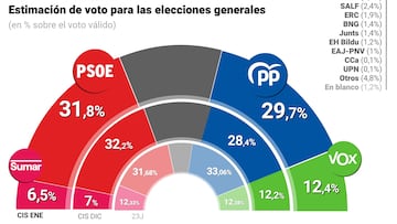 Gr¨¢fico con estimaci¨®n de voto seg¨²n el Bar¨®metro del CIS publicado el 17 de enero de 2025.
17 ENERO 2025;EPDATAINFOGRAFIA
Europa Press
17/01/2025