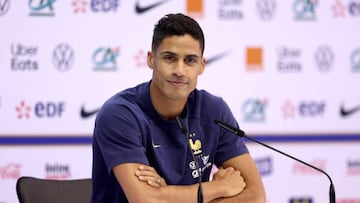 DOHA, QATAR - DECEMBER 12: Raphael Varane of France speaks  during France Press Conference at Al Sadd SC Stadium on December 12, 2022 in Doha, Qatar. (Photo by Alex Pantling/Getty Images)