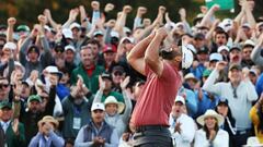 AUGUSTA, GEORGIA - APRIL 09: Jon Rahm of Spain celebrates on the 18th green after winning the 2023 Masters Tournament at Augusta National Golf Club on April 09, 2023 in Augusta, Georgia.   Christian Petersen/Getty Images/AFP (Photo by Christian Petersen / GETTY IMAGES NORTH AMERICA / Getty Images via AFP)