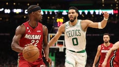 BOSTON, MASSACHUSETTS - MAY 17: Jimmy Butler #22 of the Miami Heat is defended by Jayson Tatum #0 of the Boston Celtics during the third quarter of game one of the Eastern Conference Finals at TD Garden on May 17, 2023 in Boston, Massachusetts. NOTE TO USER: User expressly acknowledges and agrees that, by downloading and or using this photograph, User is consenting to the terms and conditions of the Getty Images License Agreement.   Adam Glanzman/Getty Images/AFP (Photo by Adam Glanzman / GETTY IMAGES NORTH AMERICA / Getty Images via AFP)