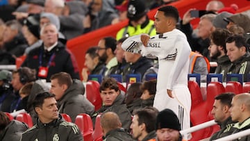 LIVERPOOL, ENGLAND - NOVEMBER 04: Trent Alexander-Arnold of Real Madrid prepares to come on as a substitute during the UEFA Champions League 2025/26 League Phase MD4 match between Liverpool FC and Real Madrid C.F. at Anfield on November 04, 2025 in Liverpool, England. (Photo by Carl Recine/Getty Images)