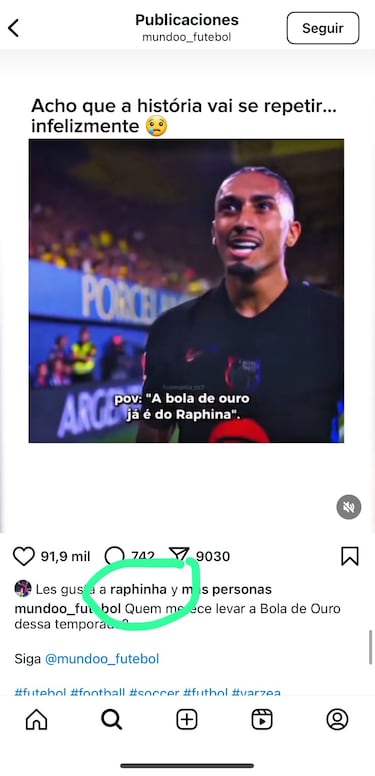 ¡®Me gusta¡¯ de Raphinha a un post que dice que a Vinicius y Neymar les robaron el Bal¨®n de Oro
