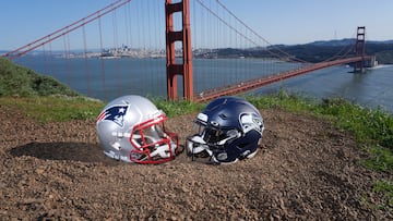 Jan 29, 2026; San Francisco, California, USA; New England Patriots and Seattle Seahawks helmets with the Golden Gate bridge as a backdrop. Mandatory Credit: Kirby Lee-Imagn Images