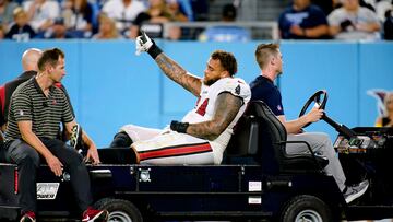 Aug 20, 2022; Nashville, Tennessee, USA; Tampa Bay Buccaneers guard Aaron Stinnie (64) is carted off the field after suffering an apparent injury against the Tennessee Titans during the third quarter of a preseason game at Nissan Stadium . Mandatory Credit: Andrew Nelles-USA TODAY Sports