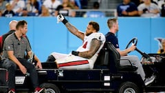 Aug 20, 2022; Nashville, Tennessee, USA; Tampa Bay Buccaneers guard Aaron Stinnie (64) is carted off the field after suffering an apparent injury against the Tennessee Titans during the third quarter of a preseason game at Nissan Stadium . Mandatory Credit: Andrew Nelles-USA TODAY Sports