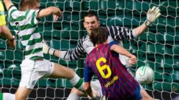 <b>VICTORIA. </b>Patri marcó así el 1-2 en la victoria del Barça en Glasgow en la Champions juvenil.
