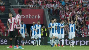 El Leganés celebrando un gol en San Mamés.