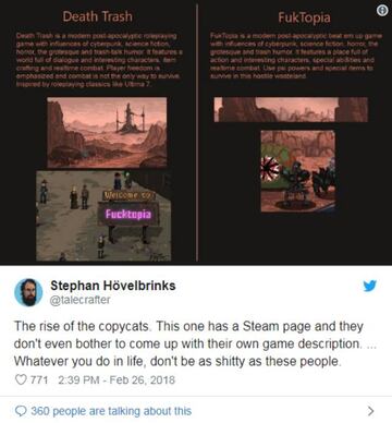 Imagen donde podemos apreciar la descripci&oacute;n en Steam de Death Trash y su copia, FukTopia. Fuente: PC Gamer.