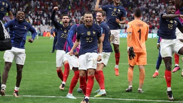 AL KHOR, QATAR - DECEMBER 10: Theo Hernandez, Randal Kolo Muani, Kylian Mbappe, Adrien Rabiot, Kingsley Coman of France and team mates celebrate winning following the FIFA World Cup Qatar 2022 quarter final match between England and France at Al Bayt Stadium on December 10, 2022 in Al Khor, Qatar. (Photo by Jean Catuffe/Getty Images)