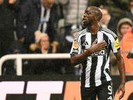 Newcastle United's Congolese striker #09 Yoane Wissa celebrates scoring the opening goal for 1-0 during the English League Cup quarter-final football match between Newcastle United and Fulham at St James' Park in Newcastle-upon-Tyne, north east England on December 17, 2025. (Photo by Oli SCARFF / AFP) / RESTRICTED TO EDITORIAL USE. No use with unauthorized audio, video, data, fixture lists, club/league logos or 'live' services. Online in-match use limited to 120 images. An additional 40 images may be used in extra time. No video emulation. Social media in-match use limited to 120 images. An additional 40 images may be used in extra time. No use in betting publications, games or single club/league/player publications. /