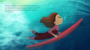 Página del libro Maya and the Beast, con un dibujo de la surfista Maya Gabeira haciendo el pato pasando por debajo de una ola.