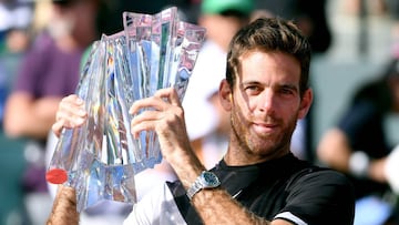 INDIAN WELLS, CA - MARCH 18: Juan Martin Del Potro of Argentina poses with the trophy after his victory over Roger Federer of Switzerland in the ATP final during the BNP Paribas Open at the Indian Wells Tennis Garden on March 18, 2018 in Indian Wells, California. Harry How/Getty Images/AFP
== FOR NEWSPAPERS, INTERNET, TELCOS & TELEVISION USE ONLY ==