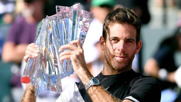 INDIAN WELLS, CA - MARCH 18: Juan Martin Del Potro of Argentina poses with the trophy after his victory over Roger Federer of Switzerland in the ATP final during the BNP Paribas Open at the Indian Wells Tennis Garden on March 18, 2018 in Indian Wells, California.   Harry How/Getty Images/AFP
 == FOR NEWSPAPERS, INTERNET, TELCOS &amp; TELEVISION USE ONLY ==