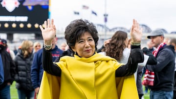 LOUISVILLE, KY - NOVEMBER 20: Washington Spirit owner W. Michele Kang waves to the crowd after a game between Chicago Red Stars and Washington Spirit at Lynn Family Stadium on November 20, 2021 in Louisville, Kentucky. (Photo by Brad Smith/ISI Photos/Getty Images)