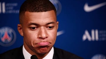 Paris Saint-Germain's French forward Kylian Mbappe attends a press conference at the Parc des Princes stadium in Paris on May 23, 2022, two days after the club won the Ligue 1 title for a record-equalling tenth time and its superstar striker Mbappe chose to sign a new contract until 2025 at PSG rather than join Real Madrid. (Photo by FRANCK FIFE / AFP) (Photo by FRANCK FIFE/AFP via Getty Images)