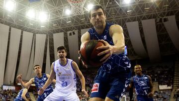 GRAF6322. San Sebastián, 10/11/2018.- El pivot montenegrino del Delteco GBC, Blagota Sekulic (d), captura un rebote ante el jugador serbio del San Pablo Burgos, Goran Huskic, durante el encuentro correspondiente a la fase regular de la liga ACB disputado en el Donostia Arena de San Sebastián. EFE/Javier Etxezarreta.