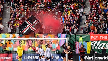 Mar 26, 2023; Portland, Oregon, USA; Portland Thorns FC midfielder Hina Sugita (8) is congratulated midfielder Sam Coffey (17) during the second half at Providence Park. Mandatory Credit: Troy Wayrynen-USA TODAY Sports