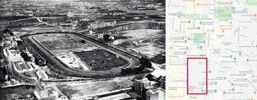 También conocido como el Hipódromo de la Castellana. Estaba situado en los actuales Nuevos Ministerios. El recinto fue utilizado por el Real Madrid desde 1902 bajo la concesión de la Sociedad de Fomento de la Cría Caballar de España. En la imagen, una vista aérea del hipódromo y el mapa de dónde estaría en la actualidad. 
