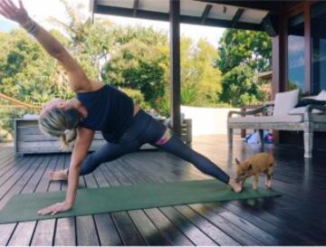 Elsa Pataky haciendo yoga con su peculiar mascota, esta cerdita vietnamita llamada Tina.