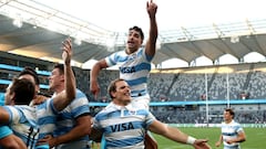 SYDNEY, AUSTRALIA - NOVEMBER 14: Santiago Carreras of Argentina celebrates after winning the 2020 Tri-Nations rugby match between the New Zealand All Blacks and the Argentina Los Pumas at Bankwest Stadium on November 14, 2020 in Sydney, Australia. (Photo by Cameron Spencer/Getty Images)