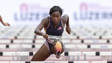 Luzern (Switzerland), 16/07/2024.- Cyrena Samba-Mayela of France in action during the Women's 100m hurdles race at the International Athletics Meeting, World Athletics - Continental Tour Silver, in Lucerne, Switzerland, 16 July 2024. (100 metros, 100 metros vallas, Francia, Suiza, Lucerna) EFE/EPA/URS FLUEELER