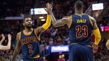 CLEVELAND, OH - NOVEMBER 03: Kyrie Irving #2 and LeBron James #23 of the Cleveland Cavaliers celebrate after scoring during the first half against the Boston Celtics at Quicken Loans Arena on November 3, 2016 in Cleveland, Ohio. NOTE TO USER: User expressly acknowledges and agrees that, by downloading and/or using this photograph, user is consenting to the terms and conditions of the Getty Images License Agreement. Mandatory copyright notice. Jason Miller/Getty Images/AFP
== FOR NEWSPAPERS, INTERNET, TELCOS & TELEVISION USE ONLY ==