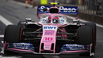 Racing Point&#039;s Canadian driver Lance Stroll prepares for a practice start during the second practice session for the Formula One Chinese Grand Prix in Shanghai on April 12, 2019. (Photo by GREG BAKER / AFP)