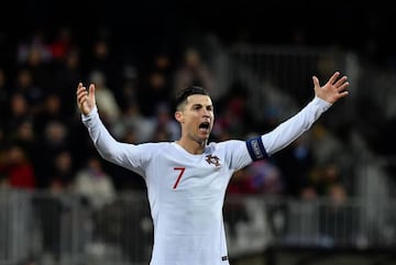 Portugal's forward Cristiano Ronaldo celebrates after scoring a goal during the UEFA Euro 2020 Group B qualification football match between Luxembourg and Portugal at the Josy Barthel Stadium in Luxembourg on November 17, 2019. (Photo by JOHN THYS / AFP)