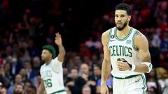 PHILADELPHIA, PENNSYLVANIA - MAY 11: Jayson Tatum #0 of the Boston Celtics celebrates a basket against the Philadelphia 76ers during the fourth quarter in game six of the Eastern Conference Semifinals in the 2023 NBA Playoffs at Wells Fargo Center on May 11, 2023 in Philadelphia, Pennsylvania. NOTE TO USER: User expressly acknowledges and agrees that, by downloading and or using this photograph, User is consenting to the terms and conditions of the Getty Images License Agreement.   Tim Nwachukwu/Getty Images/AFP (Photo by Tim Nwachukwu / GETTY IMAGES NORTH AMERICA / Getty Images via AFP)