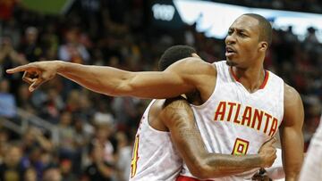 Nov 5, 2016; Atlanta, GA, USA; Atlanta Hawks center Dwight Howard (8) reacts after a foul call against the Houston Rockets in the second quarter at Philips Arena. Mandatory Credit: Brett Davis-USA TODAY Sports