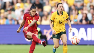 SYDNEY, AUSTRALIA - FEBRUARY 19: Hermoso Fuentes of Spain takes a shot on goal during the 2023 Cup of Nations Match between Australian Matildas and Spain at CommBank Stadium on February 19, 2023 in Sydney, Australia. (Photo by Matt King/Getty Images)