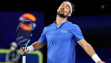 Fabio Fognini se lamenta durante su partido ante Pablo Carreño en la semifinal entre España e Italia de la ATP Cup 2021.