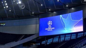 LONDON, ENGLAND - OCTOBER 12: - general view inside the stadium with logo of the UEFA Champions League prior to the UEFA Champions League group D match between Tottenham Hotspur and Eintracht Frankfurt at Tottenham Hotspur Stadium on October 12, 2022 in London, United Kingdom. (Photo by Vincent Mignott/DeFodi Images via Getty Images)