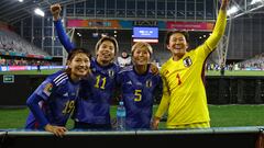 Soccer Football - FIFA Women’s World Cup Australia and New Zealand 2023 - Group C- Japan v Costa Rica - Forsyth Barr Stadium, Dunedin, New Zealand - July 26, 2023 Japan's Miyabi Moriya, Mina Tanaka, Shiori Miyake and Ayaka Yamashita celebrate after the match REUTERS/Molly Darlington