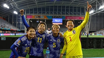 Soccer Football - FIFA Women’s World Cup Australia and New Zealand 2023 - Group C- Japan v Costa Rica - Forsyth Barr Stadium, Dunedin, New Zealand - July 26, 2023 Japan's Miyabi Moriya, Mina Tanaka, Shiori Miyake and Ayaka Yamashita celebrate after the match REUTERS/Molly Darlington