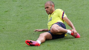 El delantero dan&eacute;s del Barcelona, Martin Braithwaite, durante un entrenamiento.