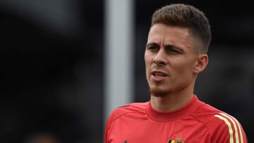 Belgium's midfielder Thorgan Hazard leaves at the end of a press conference at the team's base camp at the Belgian National Football Centre in Tubize on June 29, 2021 during the UEFA EURO 2020 competition. (Photo by JOHN THYS / AFP)