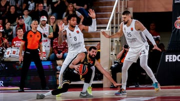 MONTE CARLO, FRANCE - DECEMBER 26: Chuma Okeke #8 of Real Madrid, Nikola Mirotic #33 of AS Monaco and Alex Len #25 of Real Madrid in action during the EuroLeague Regular Season Round 18 match between AS Monaco and Real Madrid at Salle Gaston Medecin on December 26, 2025 in Monte Carlo, France. (Photo by Roberto Finizio/Getty Images)