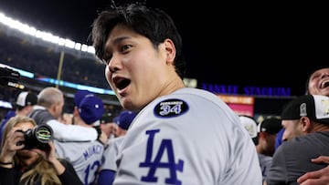NEW YORK, NEW YORK - OCTOBER 30: Shohei Ohtani #17 of the Los Angeles Dodgers celebrates with teammates after the Dodgers defeated the New York Yankees 7-6 in game 5 to win the 2024 World Series at Yankee Stadium on October 30, 2024 in the Bronx borough of New York City. Elsa/Getty Images/AFP (Photo by ELSA / GETTY IMAGES NORTH AMERICA / Getty Images via AFP)