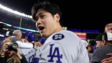 NEW YORK, NEW YORK - OCTOBER 30: Shohei Ohtani #17 of the Los Angeles Dodgers celebrates with teammates after the Dodgers defeated the New York Yankees 7-6 in game 5 to win the 2024 World Series at Yankee Stadium on October 30, 2024 in the Bronx borough of New York City. Elsa/Getty Images/AFP (Photo by ELSA / GETTY IMAGES NORTH AMERICA / Getty Images via AFP)
