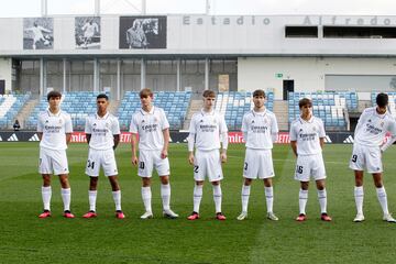 Gonzalo, Vini Tobias, Nico Paz, Palacios, Obrador, Pol Fortuny y Chema Andrés, en la Youth League del pasado curso ante el Leipzig.