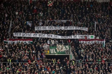 Augsburg fans display anti-Leipzig banners during the Bundesliga match between FC Augsburg and RB Leipzig in Augsburg.