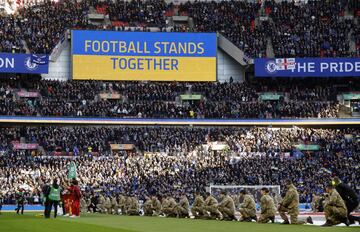 Chelsea v Liverpool - Wembley Stadium, London, Britain - February 27, 2022 General view of the big screen in support of Ukraine inside the stadium before the match Action Images via Reuters/John Sibley