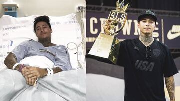 Nyjah Huston en el hospital y con el trofeo de ganador de la SLS Super Crown 2017 de skate
