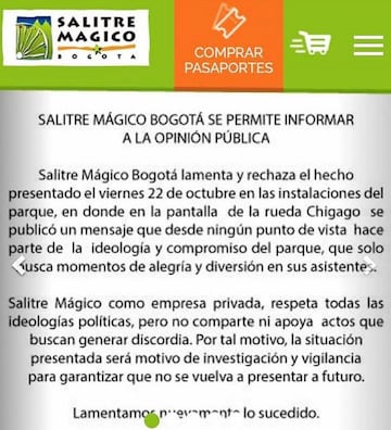 Comunicado del parque Salitre Mágico sobre insultos contra Álvaro Uribe.