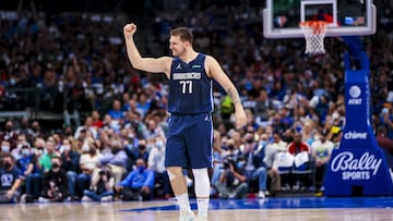 Oct 26, 2021; Dallas, Texas, USA; Dallas Mavericks guard Luka Doncic (77) reacts during the first half against the Houston Rockets at American Airlines Center. Mandatory Credit: Kevin Jairaj-USA TODAY Sports